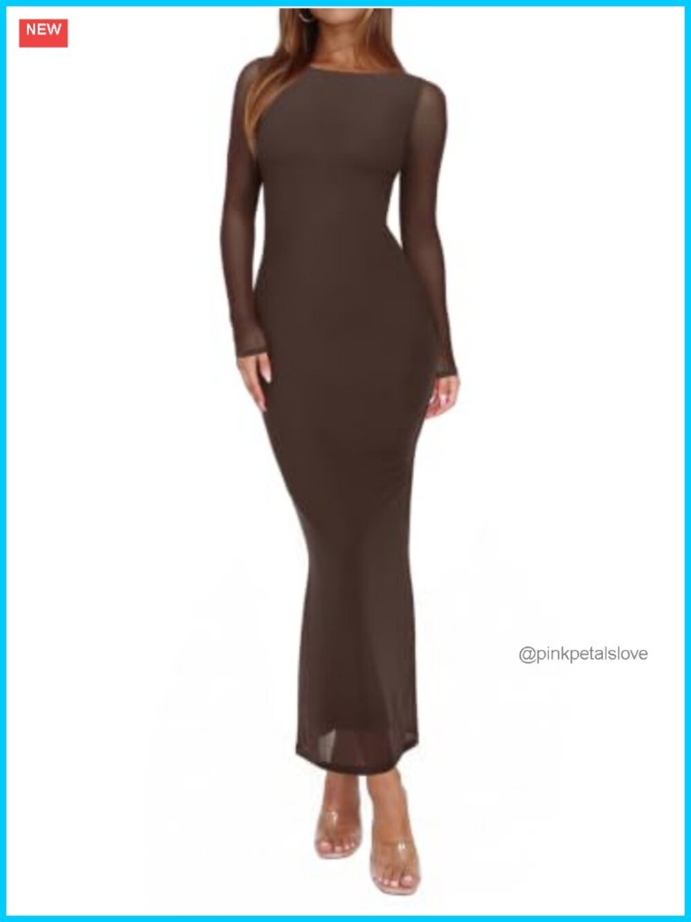 Women's Mesh Sheer Long Sleeve Floral Bodycon Maxi Wedding Guest Dress